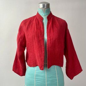Eileen Fisher Red Lagenlook Irish Linen Cropped Open Blazer Jacket, Size PS